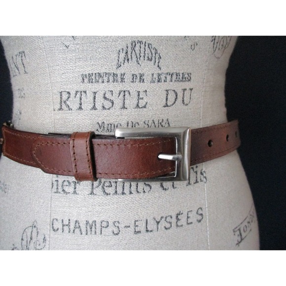 Vintage Brown Genuine Leather Silver Metal Link Belt Size Medium - Picture 1 of 5